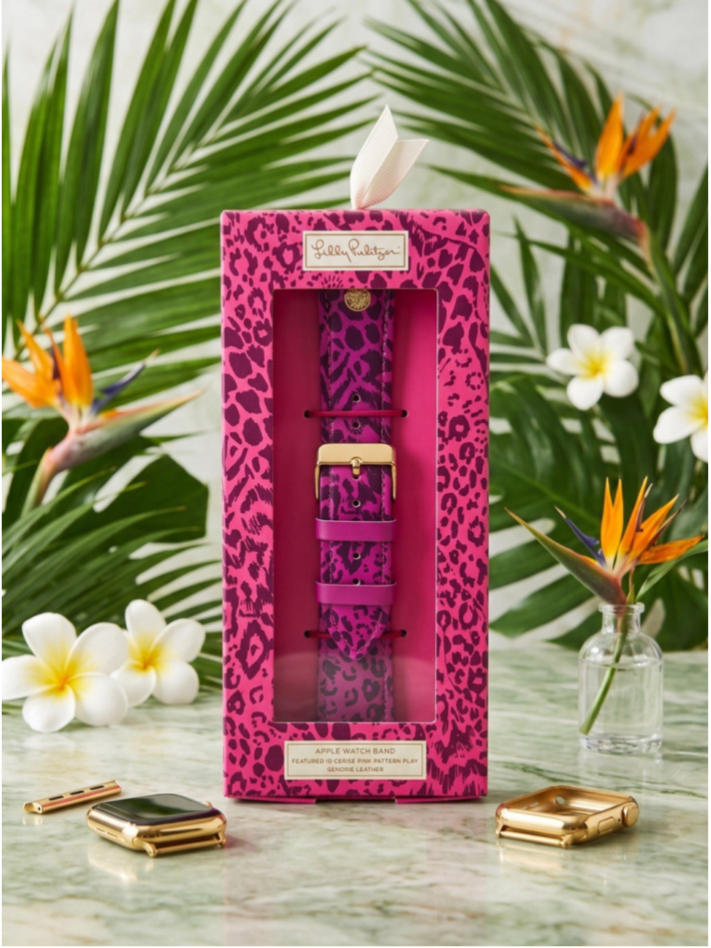 Lilly Pulitzer Apple Leather Watch Band Featured In Cerise Pink Pattern Play